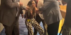 A woman accused of resisting arrest and assaulting an officer at a raucous Miami-Dade commission meeting gets released on bond