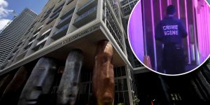 Two people were stabbed in a Miami apartment building after a suspect was approached for spitting